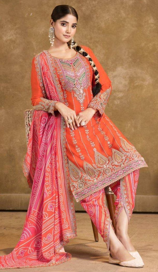 Women Heavy Pure Chinon Silk Orange Embroidery Salwar Suit Plus Size