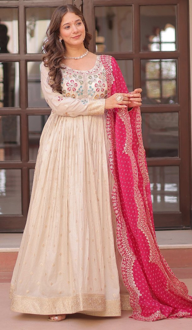 Women Pearl Beads Embroidered work Weaving Jequard Cream Gown - 12949210240