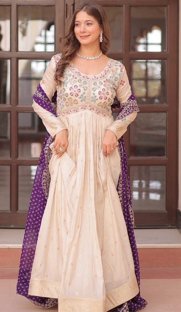 Women Gown Weaving Jequard Cream Pearl Beads Embroidered work - 12949210241