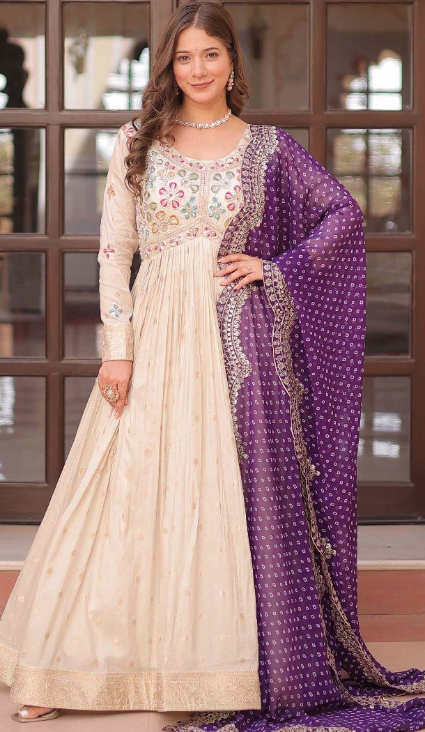 Women Gown Weaving Jequard Cream Pearl Beads Embroidered work - 12949210241