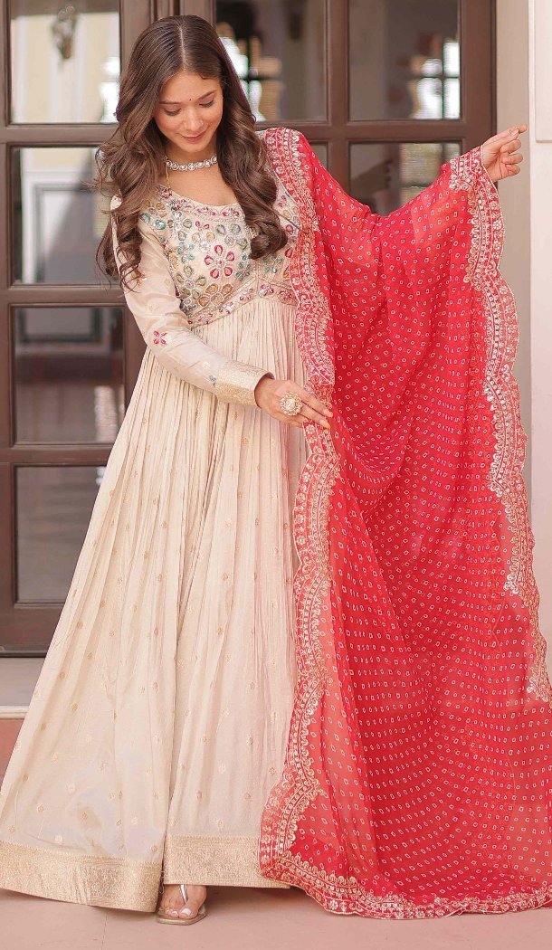 Women Cream Pearl Beads Embroidered work Weaving Jequard Gown - 12949210242