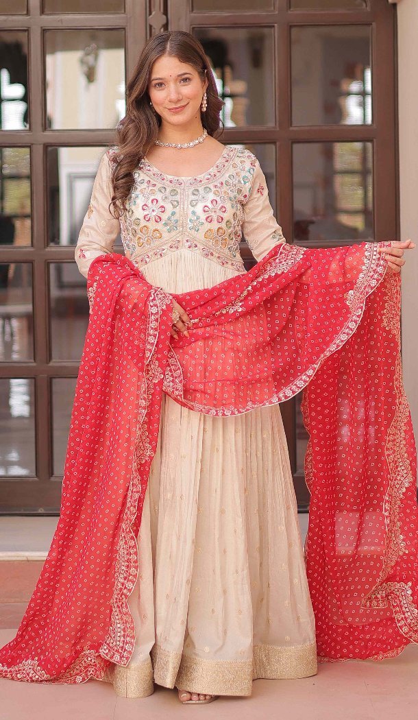 Women Cream Pearl Beads Embroidered work Weaving Jequard Gown - 12949210242