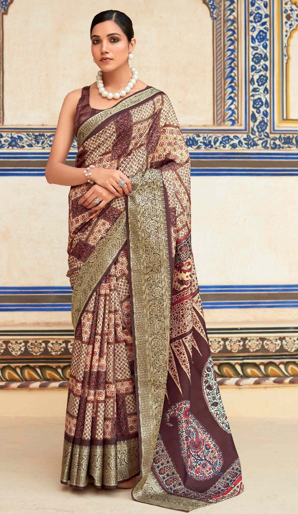 Women Printed Work Brown Traditional Wear Saree Dola Viscose - 12965210326