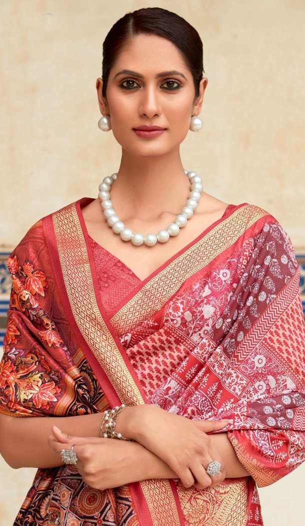 Women Printed Work Pink Traditional Wear Saree Dola Viscose - 12965210328