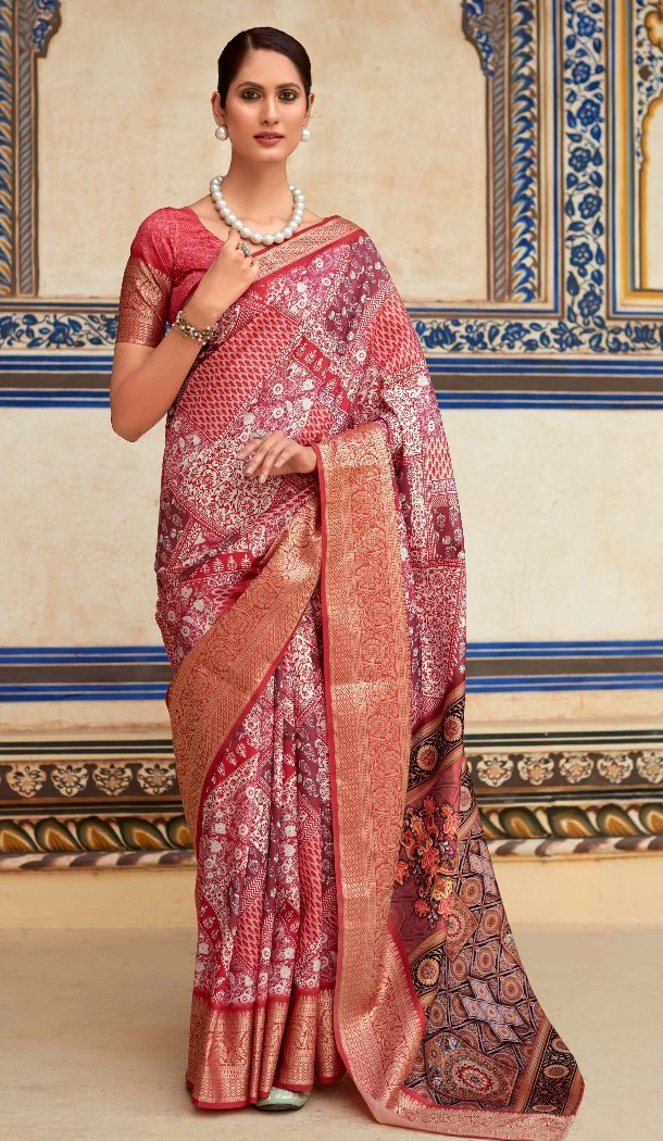 Women Printed Work Pink Traditional Wear Saree Dola Viscose - 12965210328