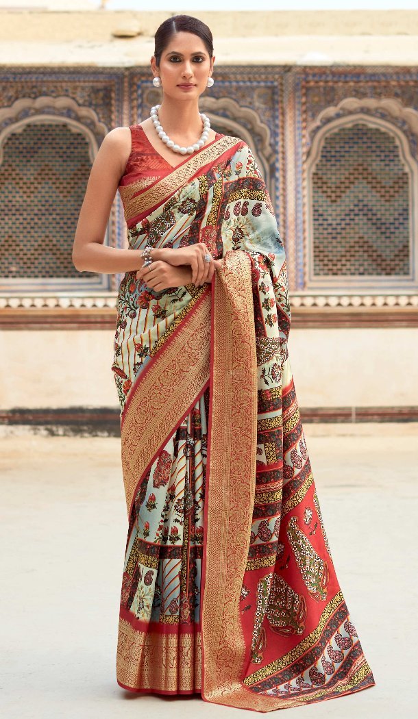 Women Rust Printed Work Dola Viscose Traditional Wear Saree - 12965210329