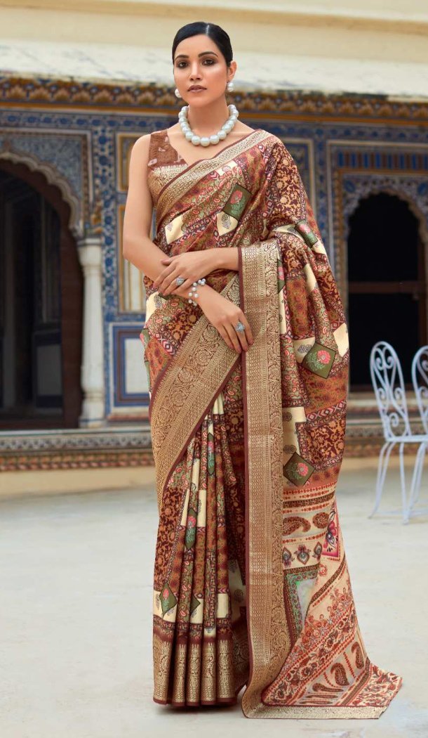 Women Printed Work Dola Viscose Brown Traditional Wear Saree - 12965210333