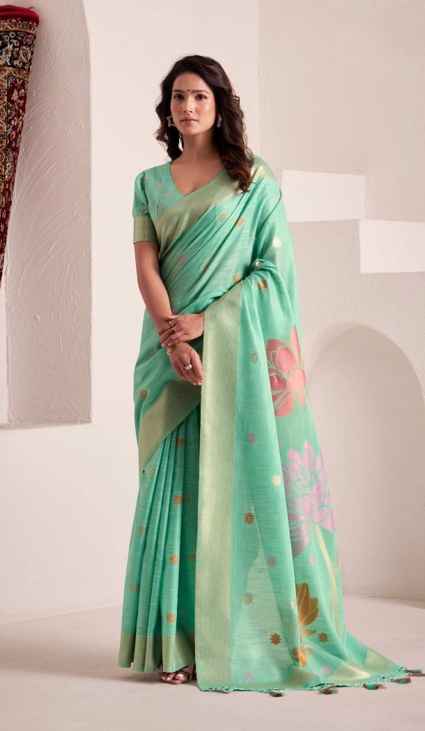 Women Party Wear Saree Jacquard Work Sky Blue Soft Linen - 13061210790