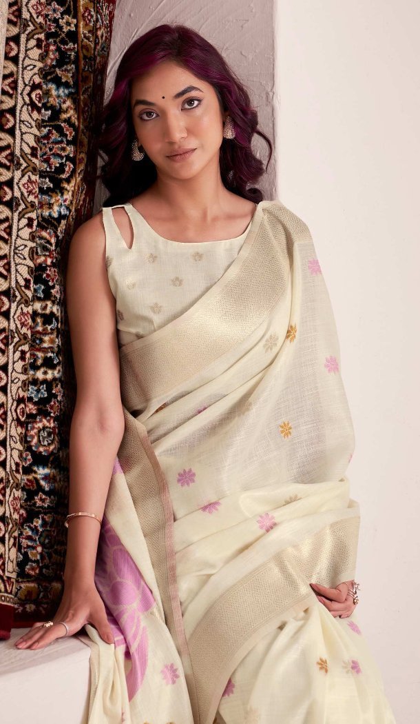 Women Soft Linen Party Wear Saree Jacquard Work Cream - 13061210791