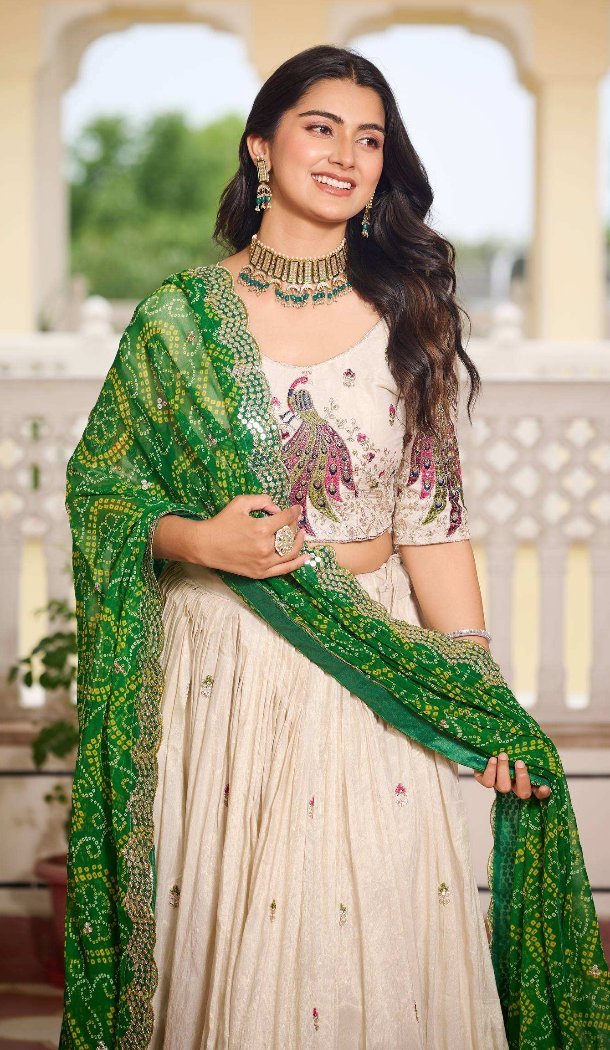 Women Tissue Silk Cream Party Wear Lehenga Choli Heavy Embroidery Work - 13068210816
