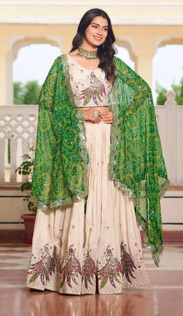 Women Tissue Silk Cream Party Wear Lehenga Choli Heavy Embroidery Work - 13068210816