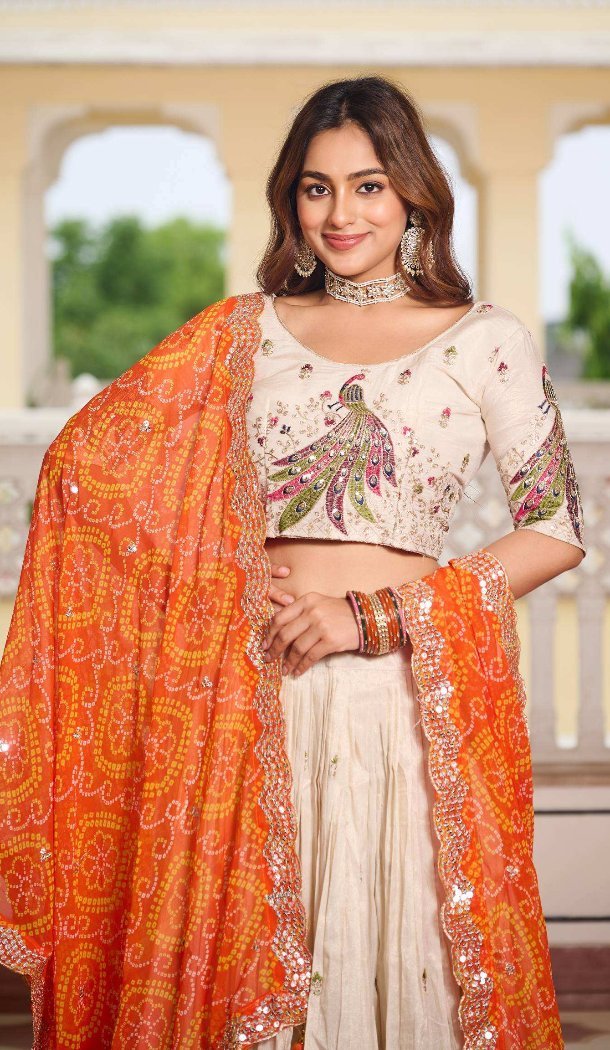 Women Tissue Silk Party Wear Lehenga Choli Cream Heavy Embroidery Work - 13068210817