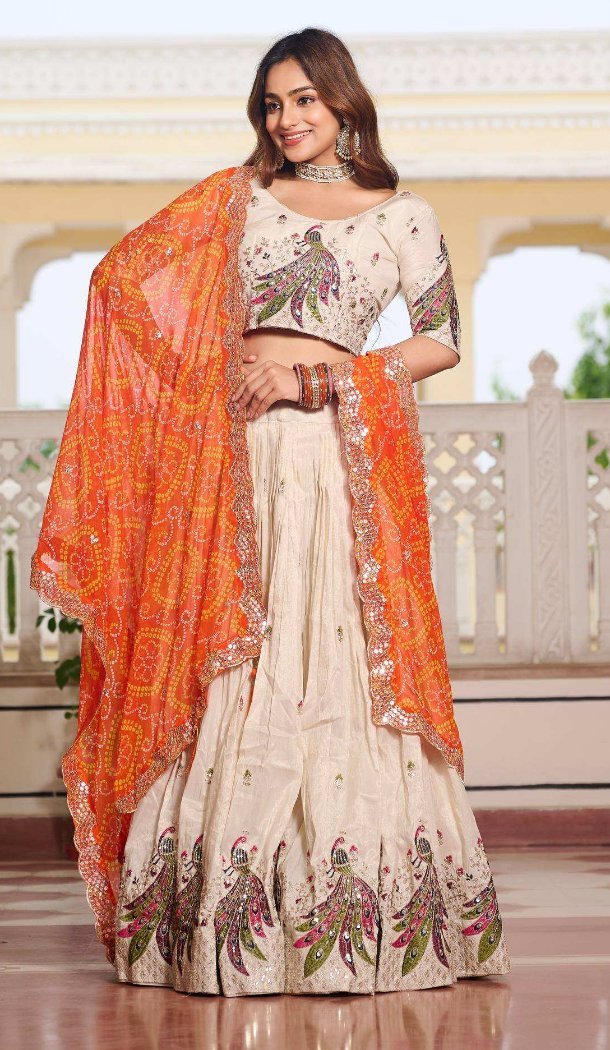 Women Tissue Silk Party Wear Lehenga Choli Cream Heavy Embroidery Work - 13068210817