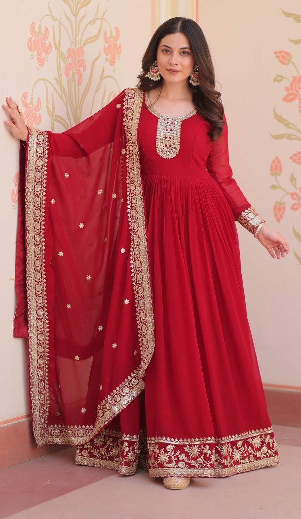 Women Faux Georgette Maroon Sequins Embroidered Work Gown - 13075210852