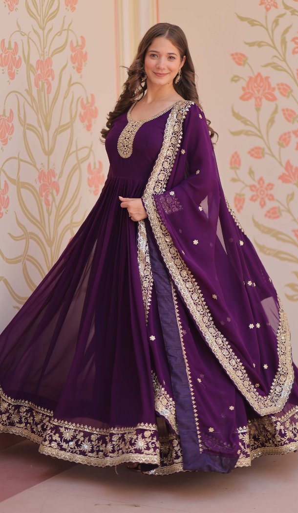 Women Purple Gown Sequins Embroidered Work Faux Georgette - 13075210854