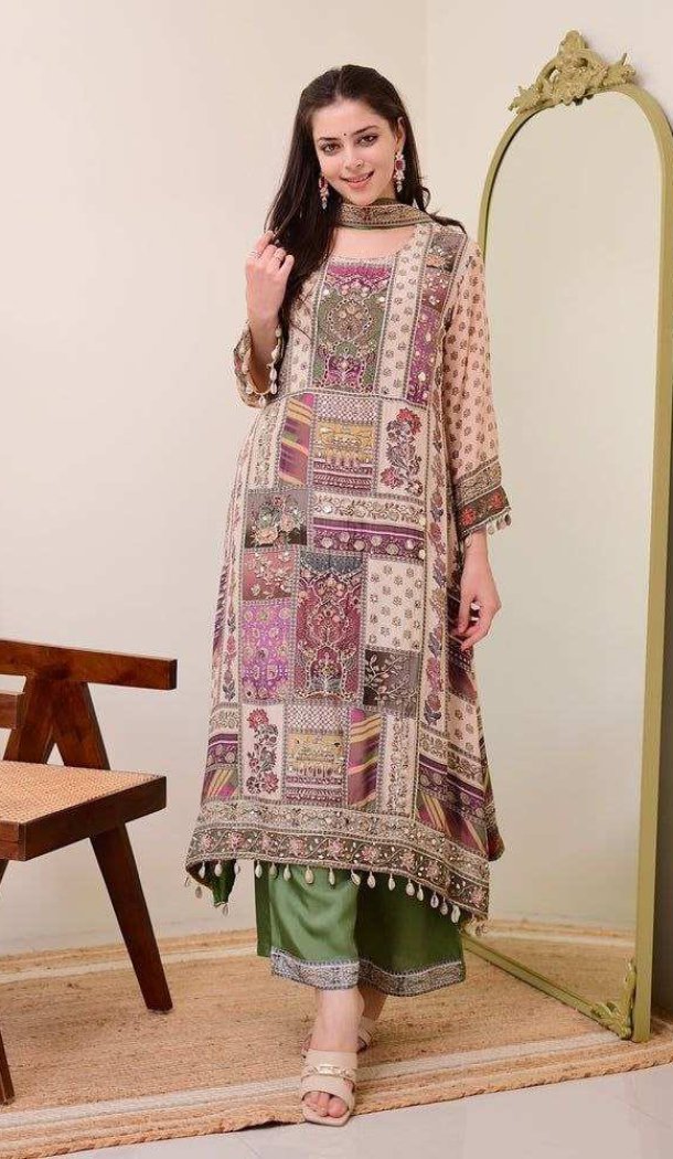 Women Mehendi Green Embroidery Salwar Suit Pure Chinon - 13077210857