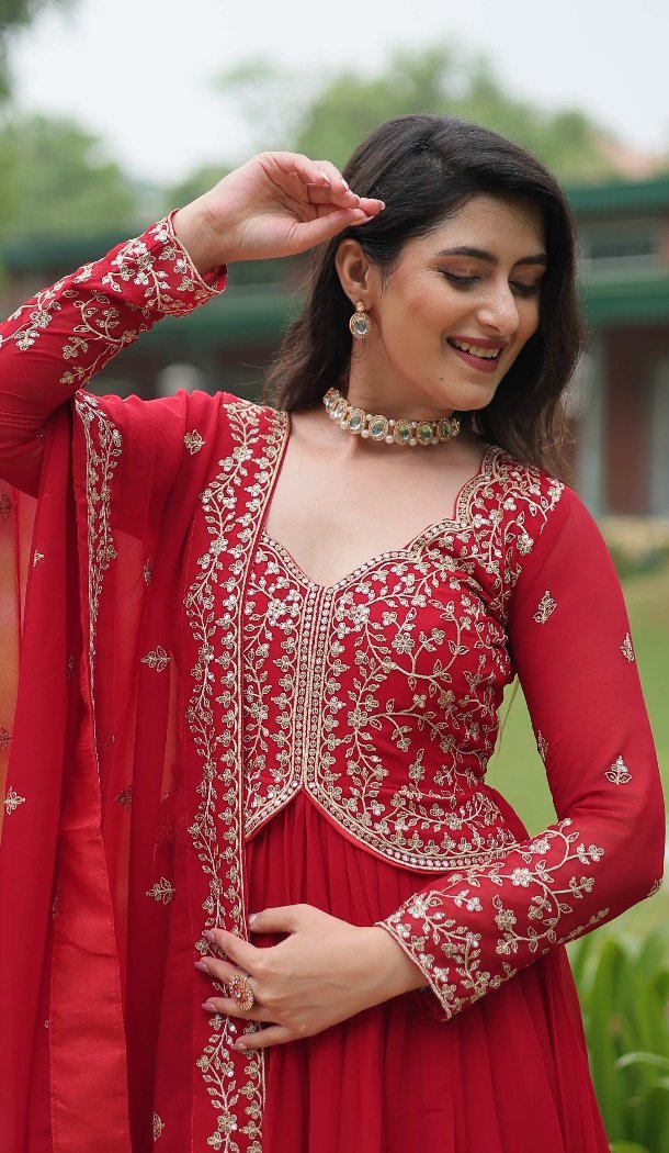 Women Gown Faux Georgette Red Thread - 150303476