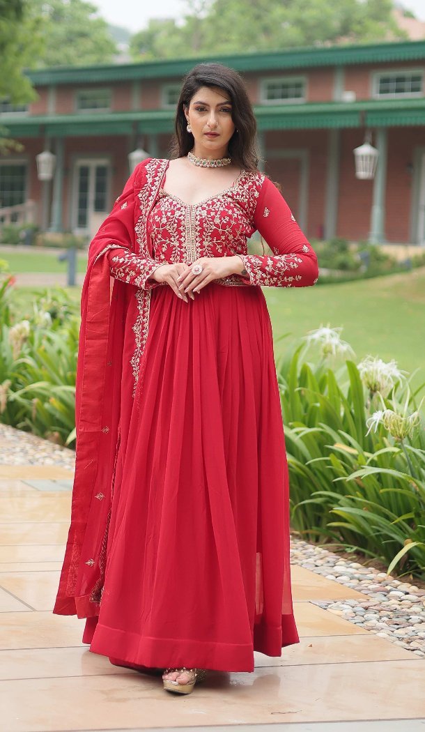 Women Gown Faux Georgette Red Thread - 150303476