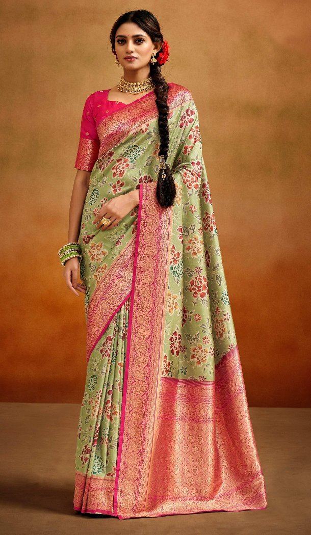 Women Tusser Silk Traditional Wear Saree Jacquard Work Pista Green - 13062210798