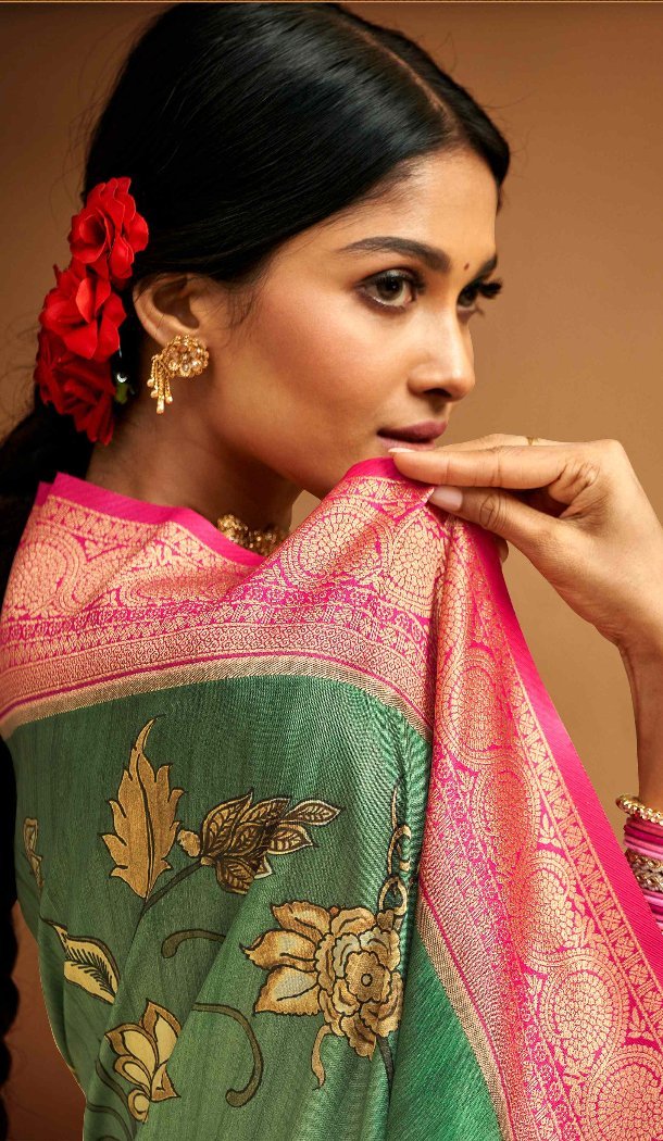 Women Traditional Wear Saree Jacquard Work Green Tusser Silk - 13062210799