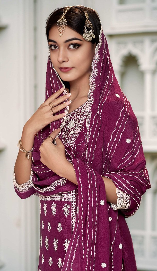 Women Premium Chinon Sequence Work Palazzo Suit Wine - 13072210842