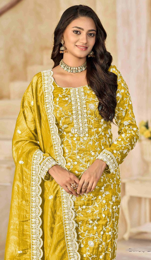 Women Embroidery Work Yellow Punjabi Suit Organza - 13073210843