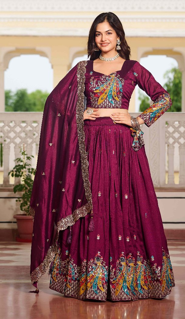 Women Party Lehenga Choli Heavy Embroidery Sequence Work Burgundy Pure Vichitra - 13001210485