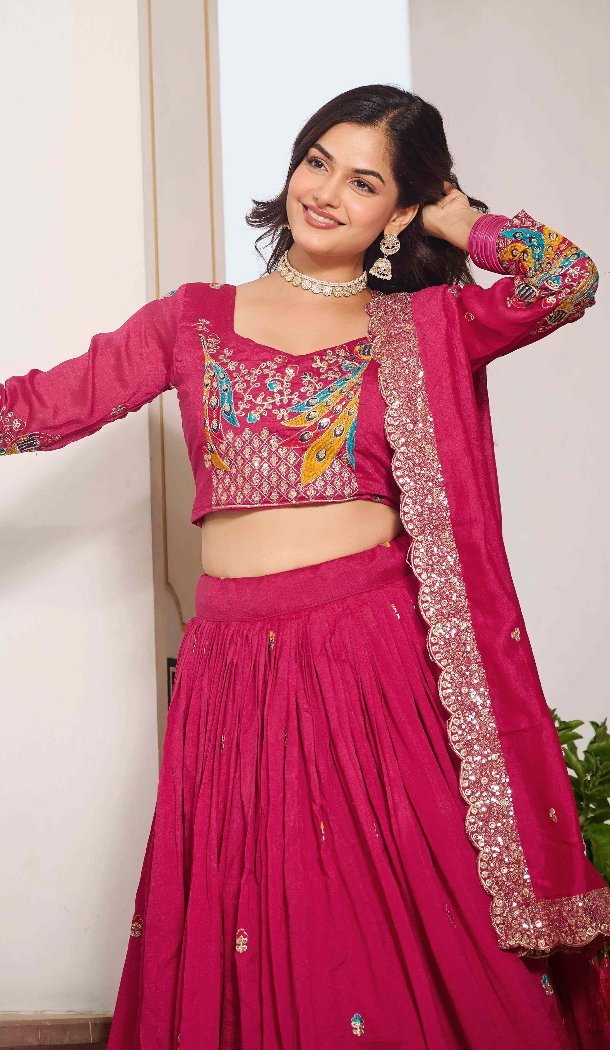 Women Pure Vichitra Pink Heavy Embroidery Sequence Work Party Lehenga Choli - 13001210486