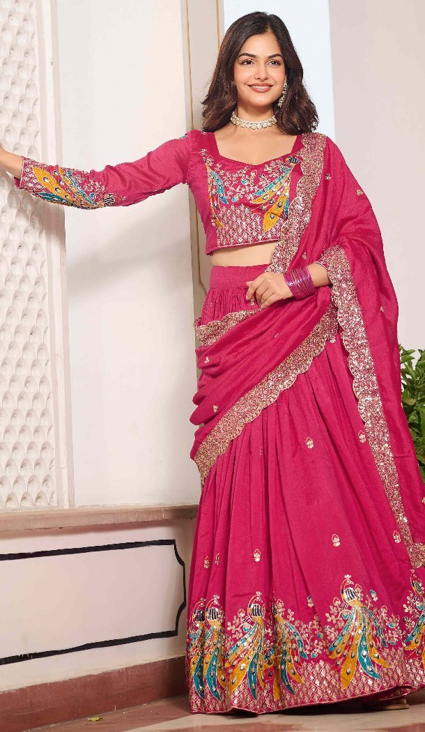 Women Pure Vichitra Pink Heavy Embroidery Sequence Work Party Lehenga Choli - 13001210486