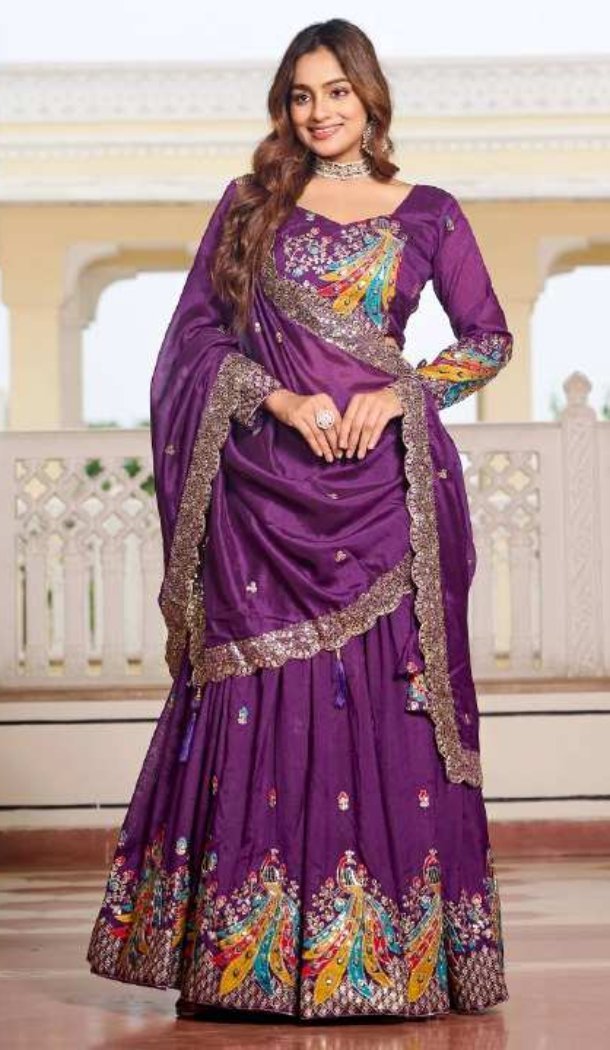 Women Purple Heavy Embroidery Sequence Work Pure Vichitra Party Lehenga Choli - 13001210487