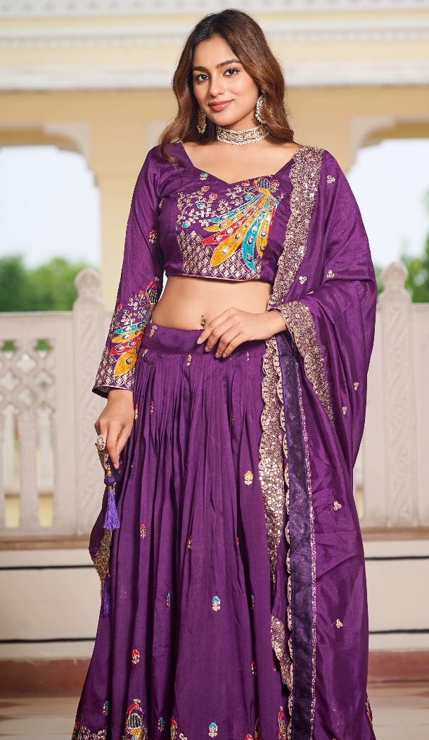 Women Purple Heavy Embroidery Sequence Work Pure Vichitra Party Lehenga Choli - 13001210487