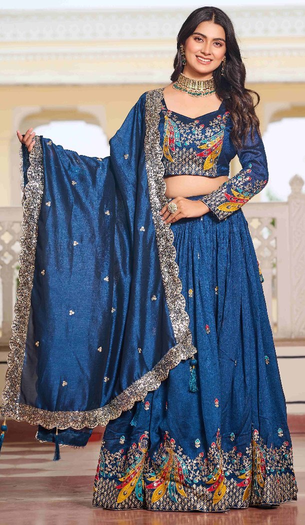 Women Pure Vichitra Teal Blue Party Lehenga Choli Heavy Embroidery Sequence Work - 13001210488