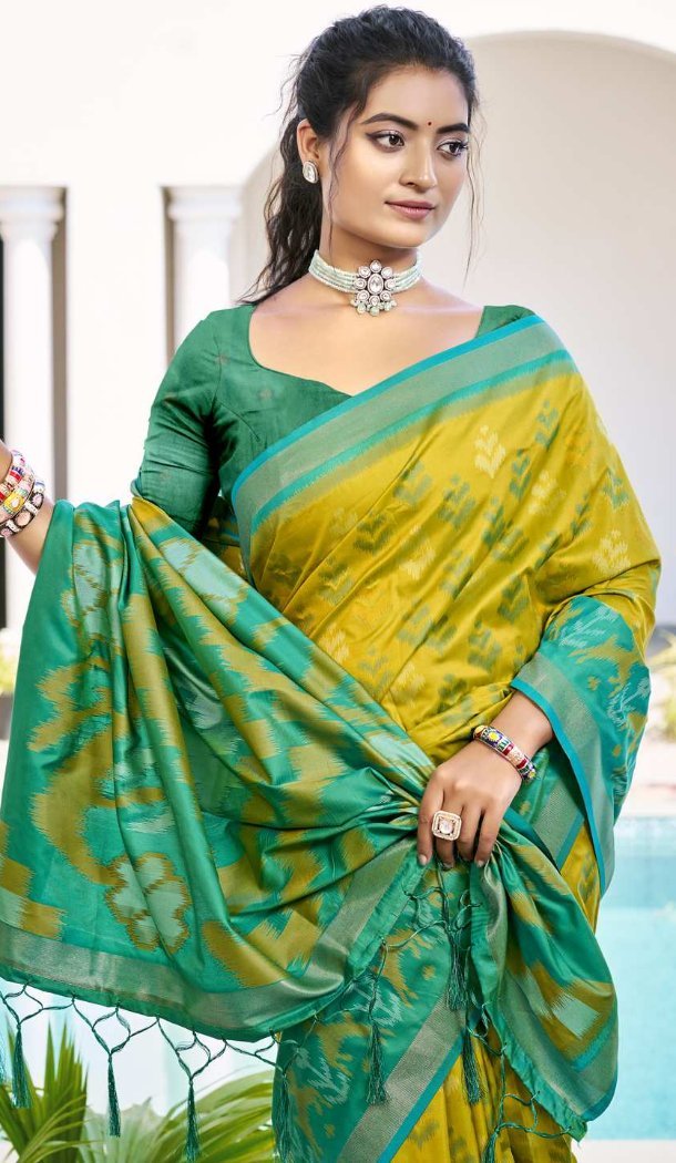 Women Traditional Wear Saree Jacquard Mustrad Yellow Pochampalli Silk - 13015210552