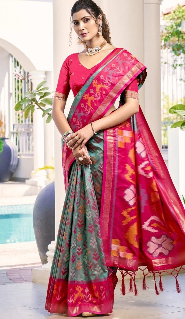 Women Pochampalli Silk Grey Jacquard Traditional Wear Saree - 13015210553