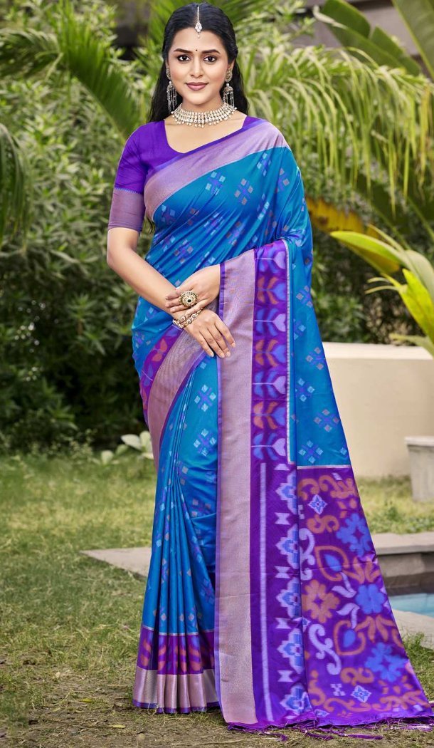 Women Blue Pochampalli Silk Jacquard Traditional Wear Saree - 13016210558