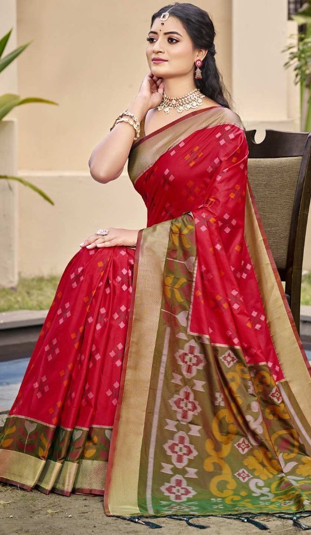 Women Pochampalli Silk Traditional Wear Saree Jacquard Red - 13016210560