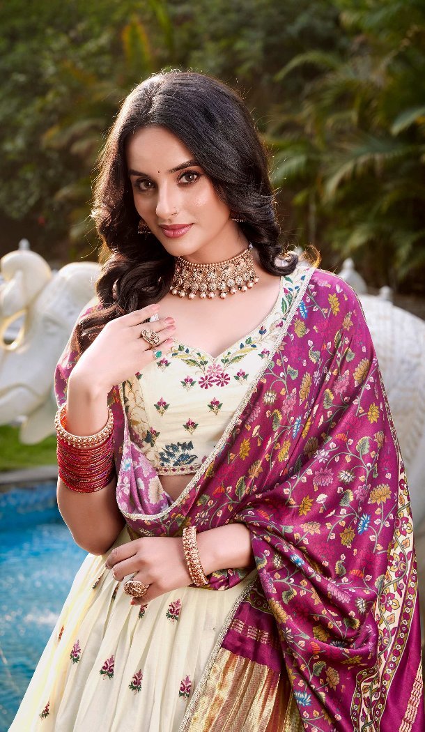 Women Off White Designer Lehenga Choli Khadi Cotton Sequins Embroidery Work - 13041210690