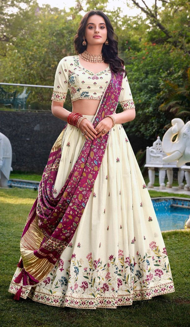 Women Off White Designer Lehenga Choli Khadi Cotton Sequins Embroidery Work - 13041210690