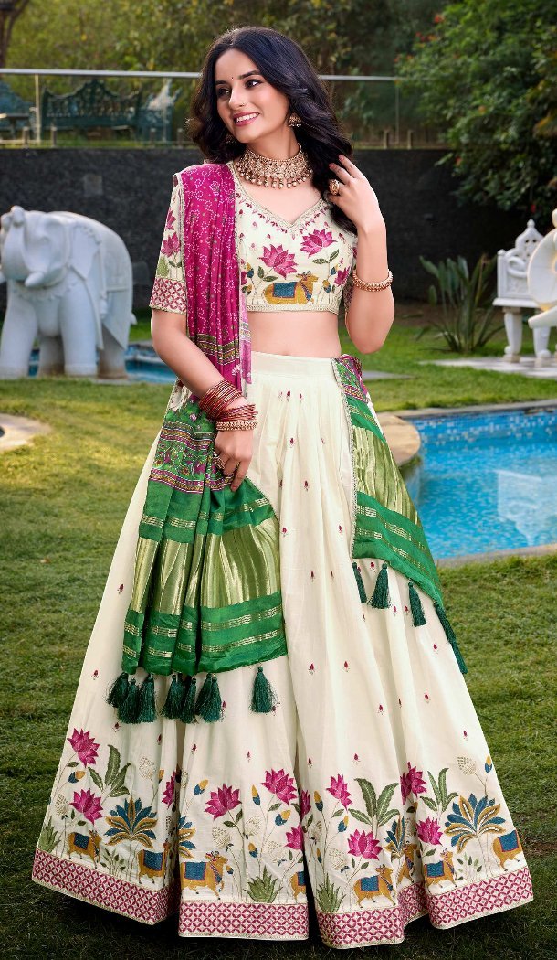 Women Sequins Embroidery Work Designer Lehenga Choli Off White Khadi Cotton - 13041210691