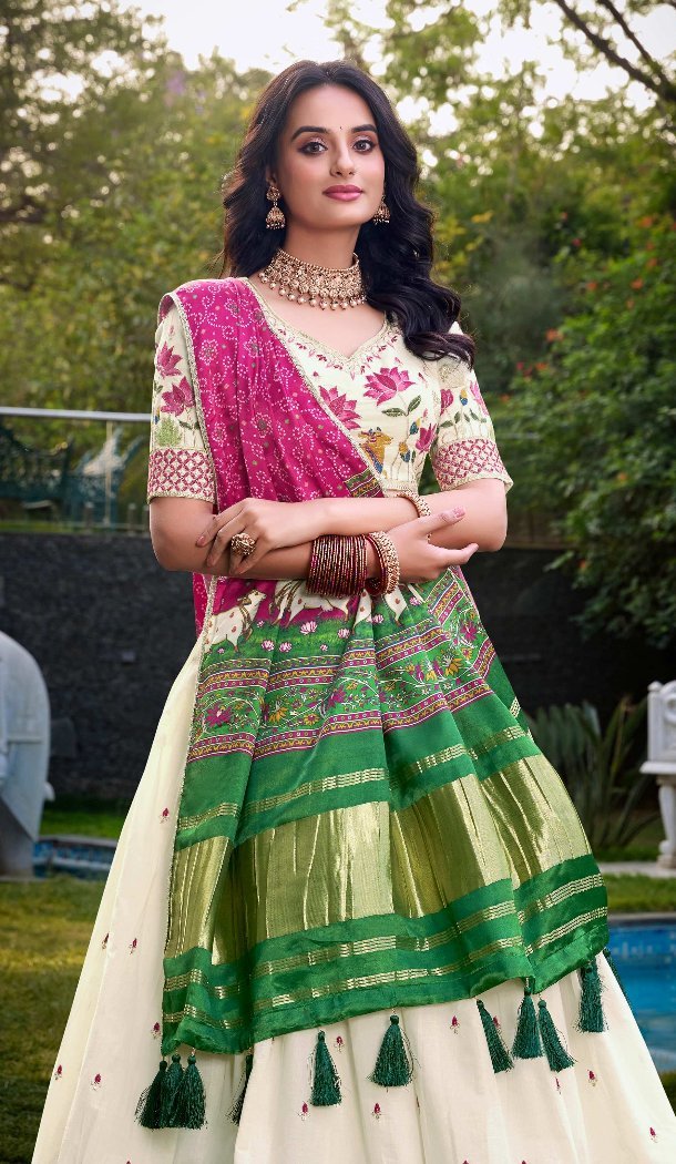 Women Sequins Embroidery Work Designer Lehenga Choli Off White Khadi Cotton - 13041210691