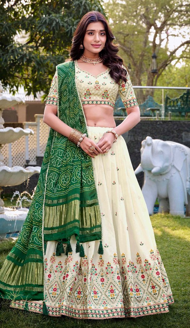 Women Off White Khadi Cotton Designer Lehenga Choli Sequins Embroidery Work - 13041210693
