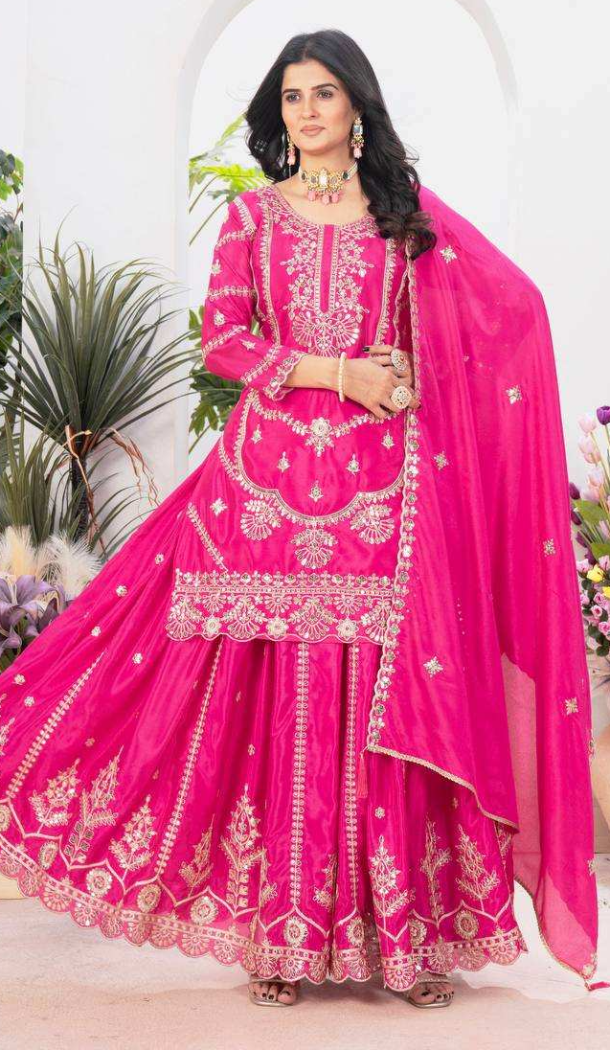 Women Pure Heavy Chinnon Silk Embroidery Palazzo Suit Pink - 13048210714