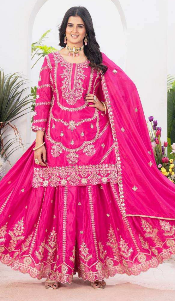 Women Pure Heavy Chinnon Silk Embroidery Palazzo Suit Pink - 13048210714