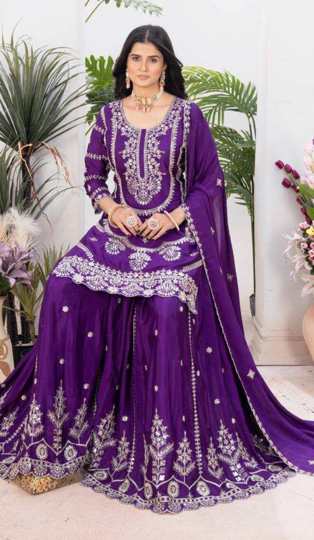 Women Pure Heavy Chinnon Silk Purple Embroidery Palazzo Suit - 13048210715