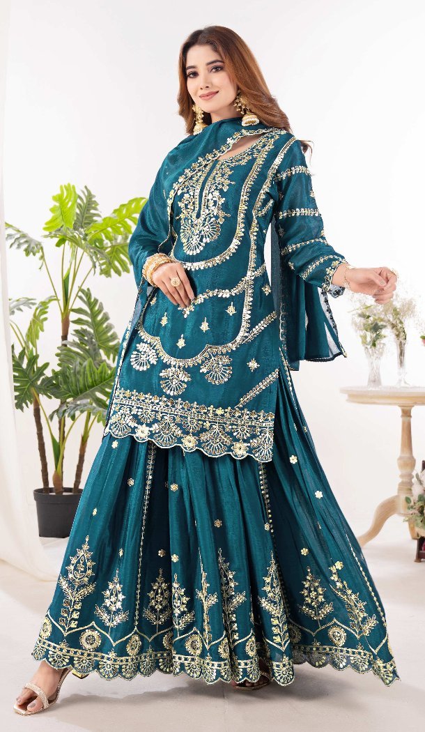 Women Palazzo Suit Embroidery Teal Blue Pure Heavy Chinnon Silk - 13048210716