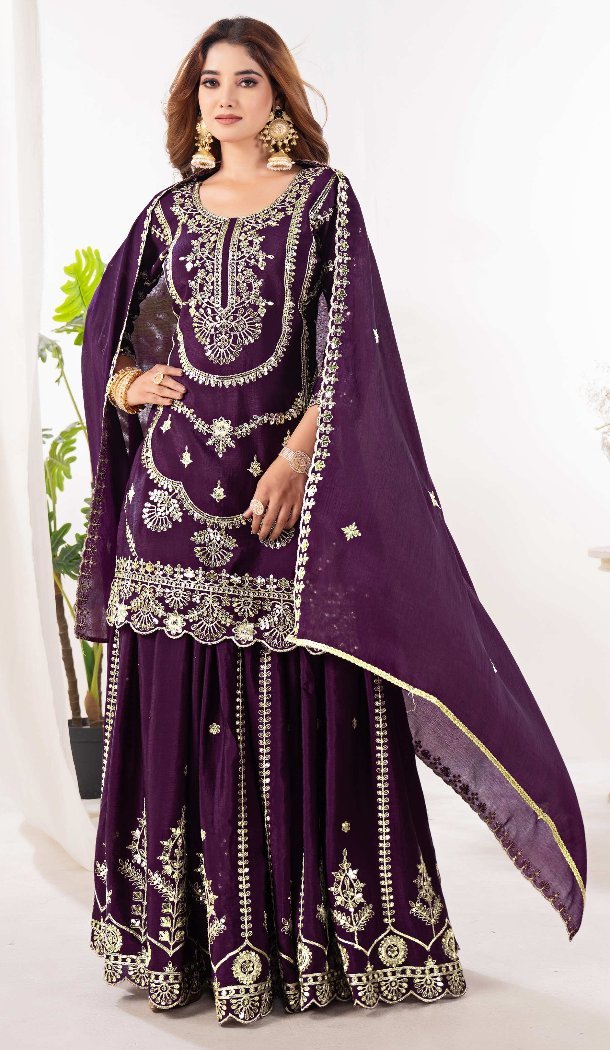 Women Embroidery Wine Pure Heavy Chinnon Silk Palazzo Suit - 13048210717