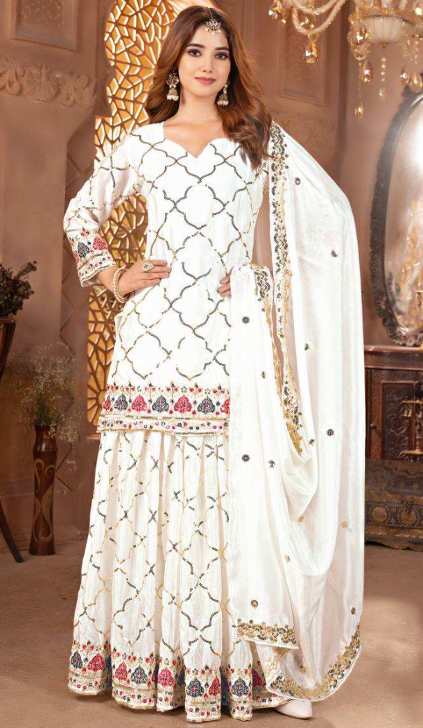 Women Embroidery White Heavy Chinnon Silk Palazzo Suit - 13049210719