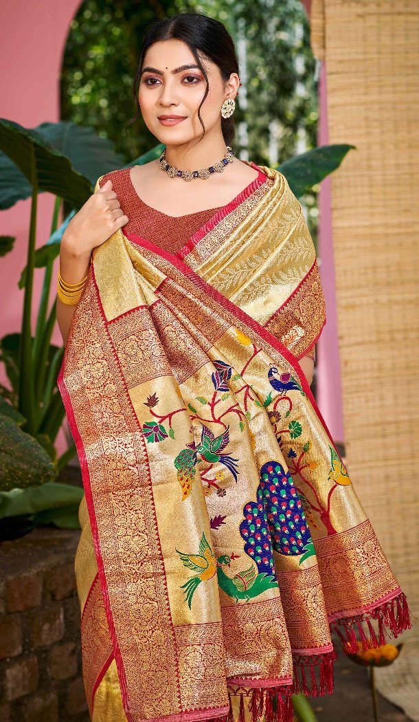 Women Jacquard Cream Party Wear Saree Kanjivaram Silk - 13085210896