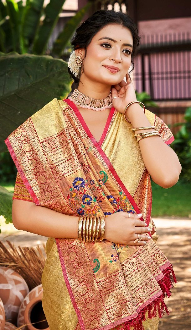 Women Party Wear Saree Cream Jacquard Kanjivaram Silk - 13086210900