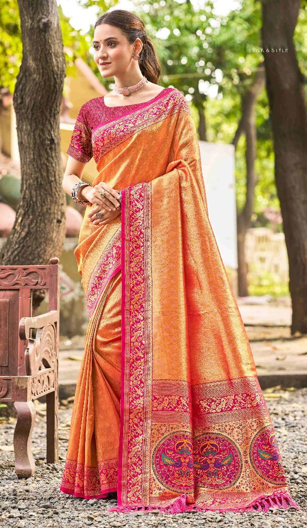 Women Jacquard Party Wear Saree Kanjivaram Silk Orange - 13089210916
